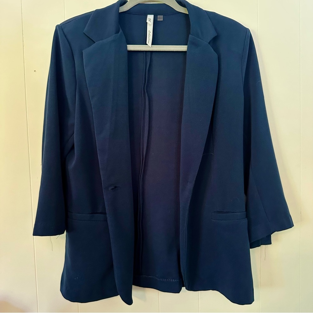 NY Collection Blue Blazer Classic Lapel 3/4 Sleeves Large